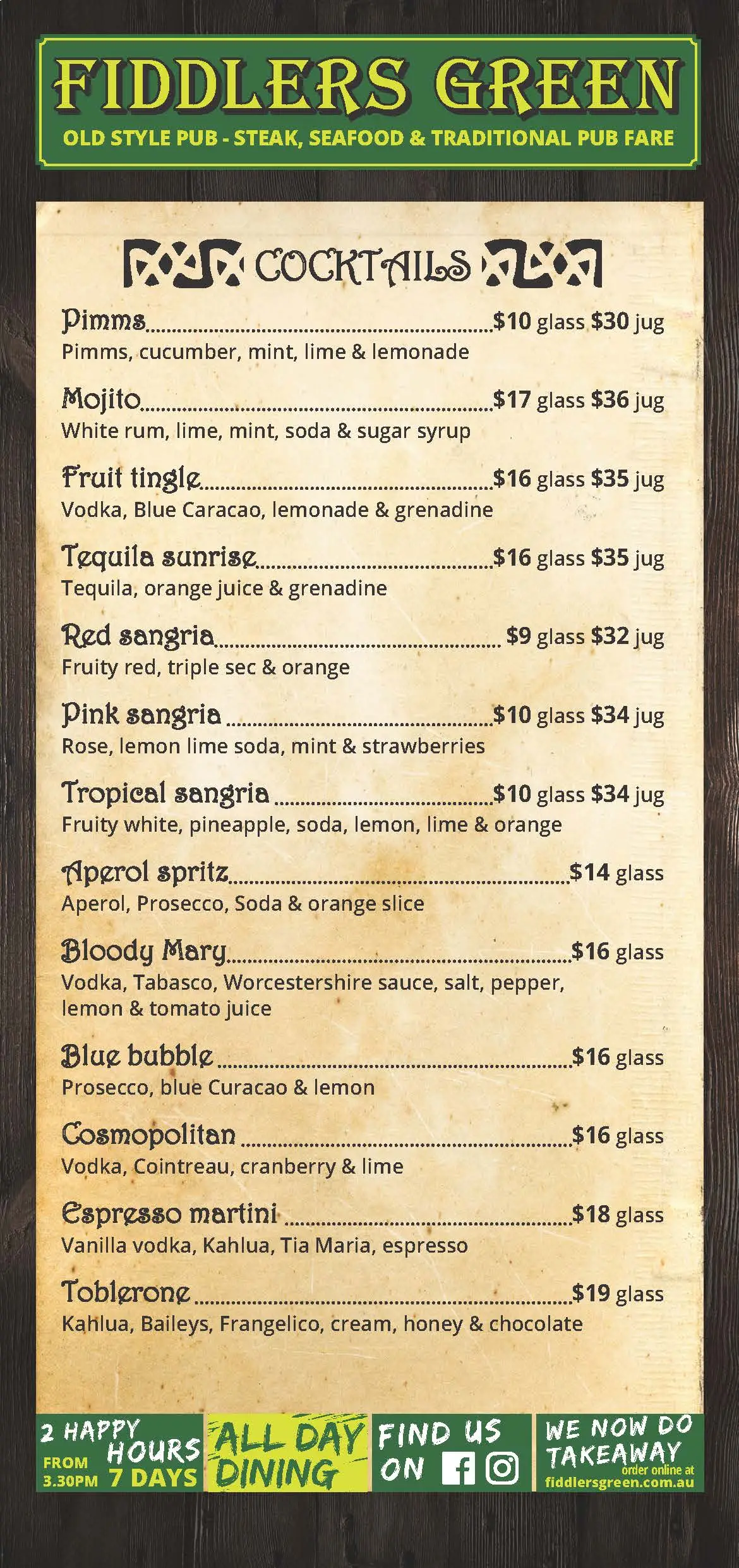 Cocktail Menu Page 1 — Fiddler's Green in Darwin Waterfront, NT