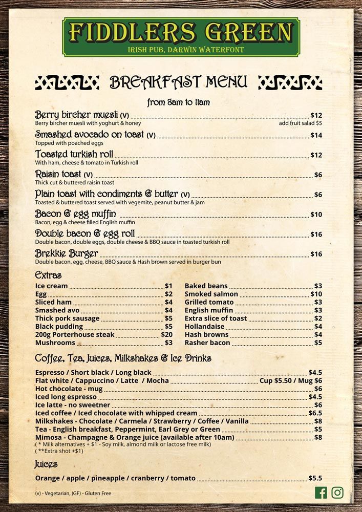 Lunch Menu Second Page — Fiddler's Green in Darwin Waterfront, NT