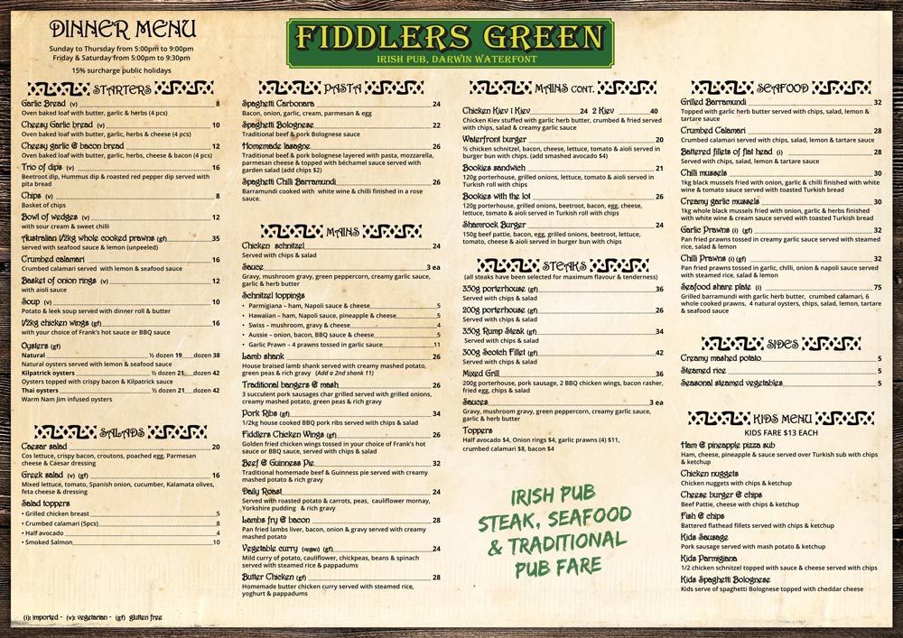 Fiddler's Green Darwin Menus