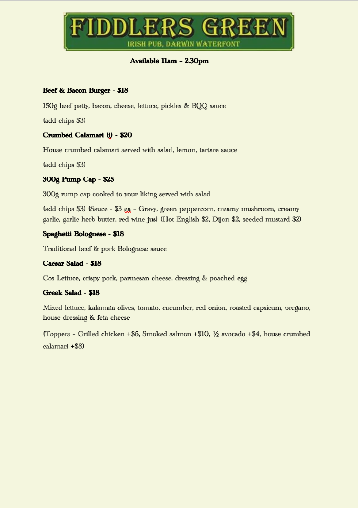 A menu for fiddlers green restaurant shows a variety of food and drinks. — Fiddler's Green in Darwin Waterfront, NT