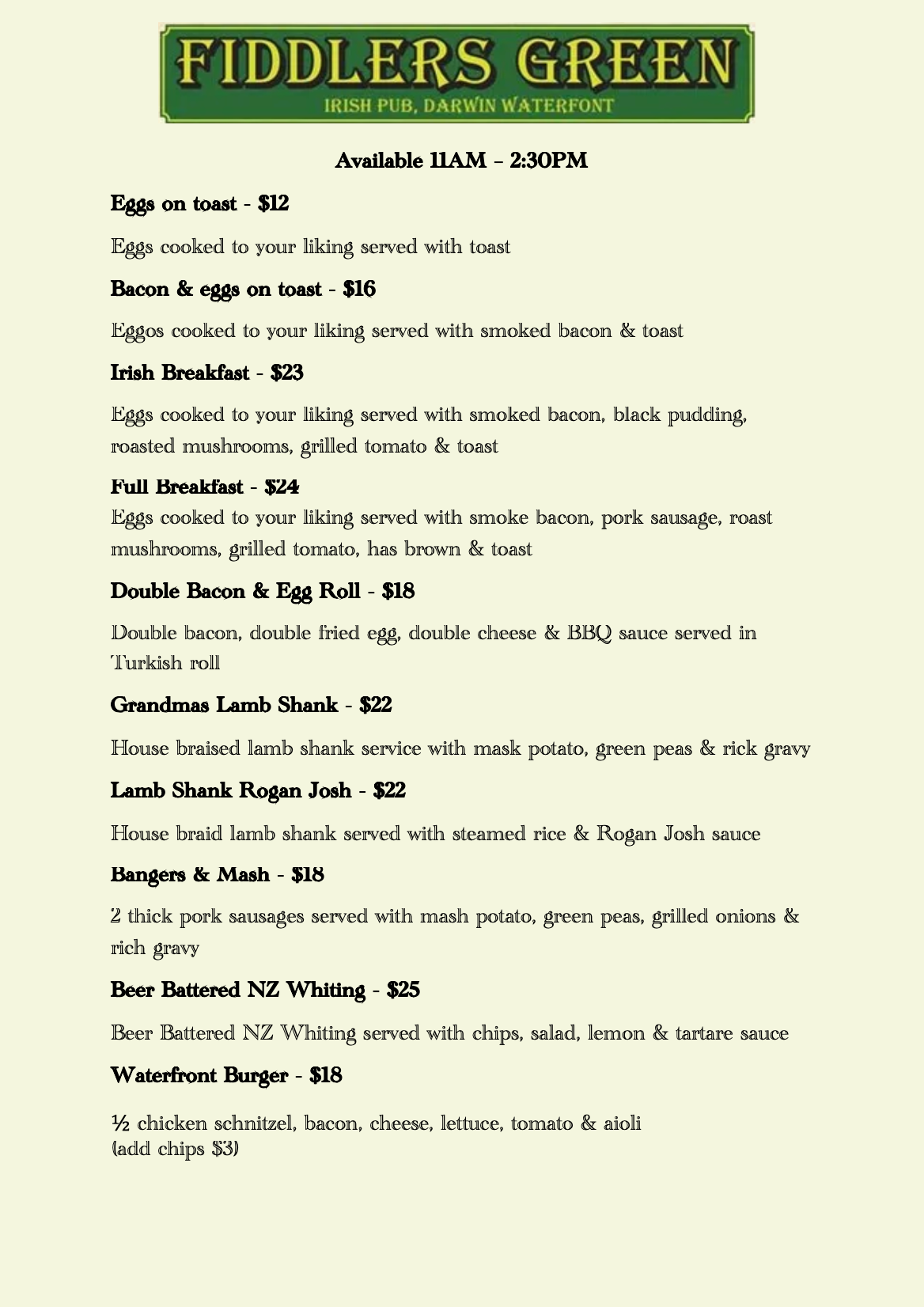 A menu for fiddlers green shows a variety of food and drinks. — Fiddler's Green in Darwin Waterfront, NT