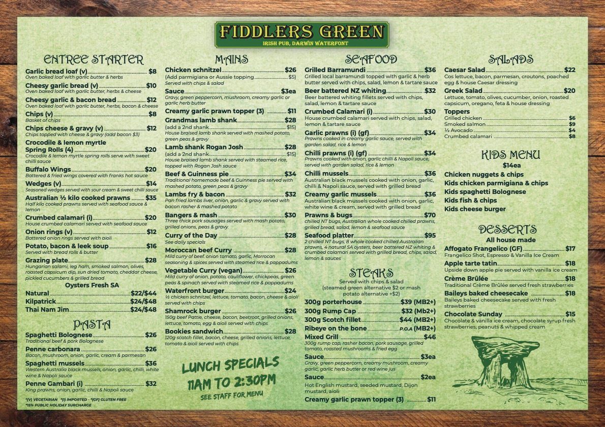 A menu for a restaurant called eddy 's creek — Fiddler's Green in Darwin Waterfront, NT