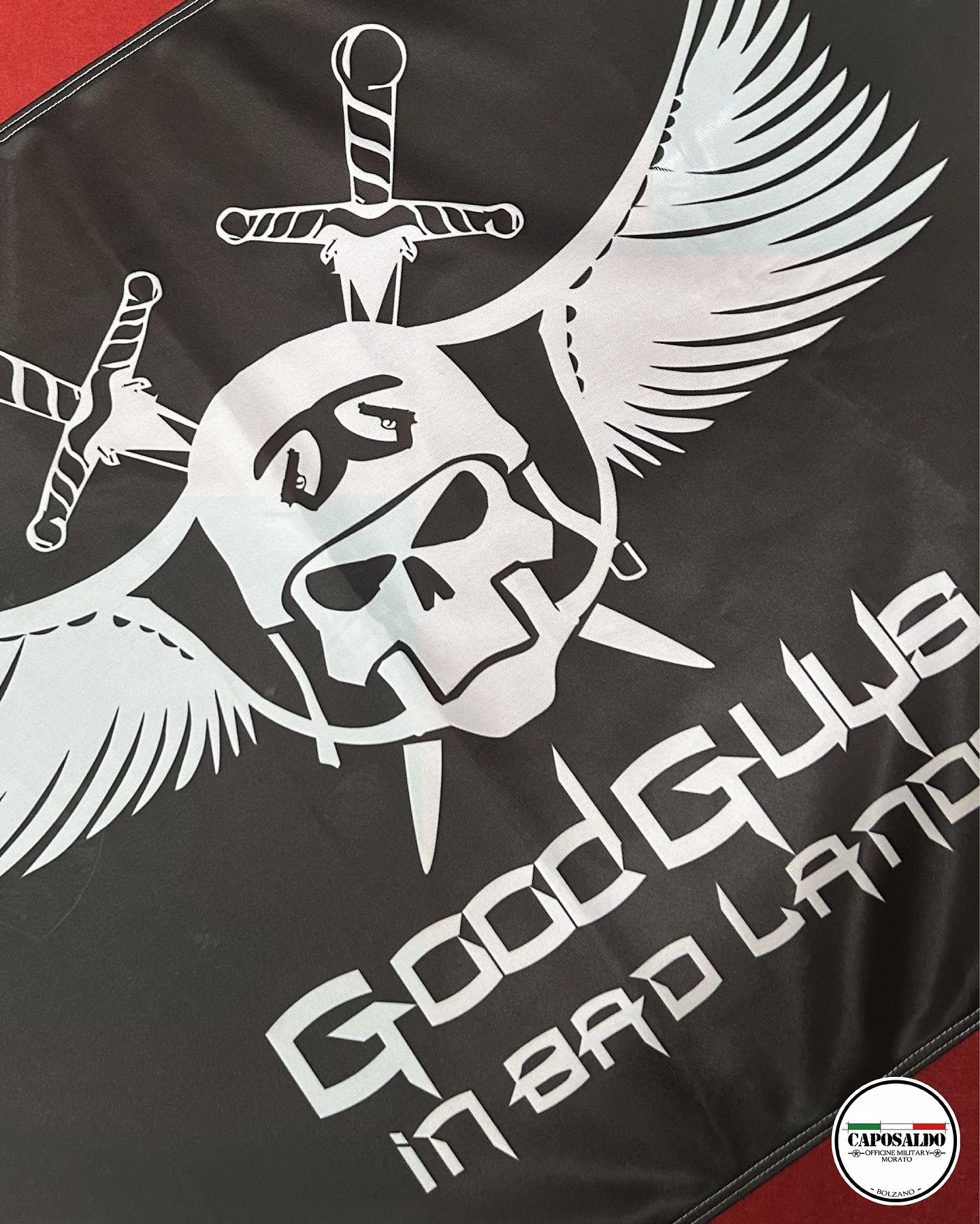 Grafica nera di un teschio alato con spade incrociate e testo bianco stilizzato 