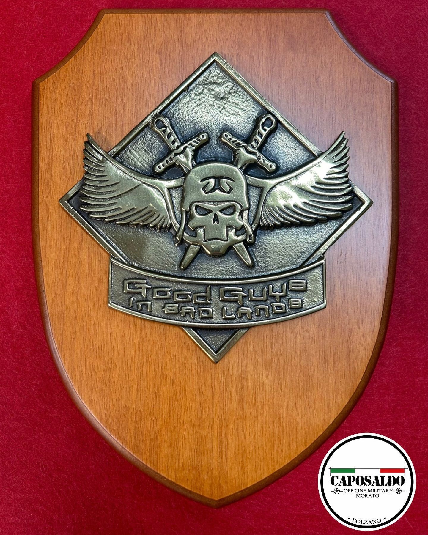 Targa in legno a forma di scudo con emblema di teschio alato in metallo su sfondo rosso.