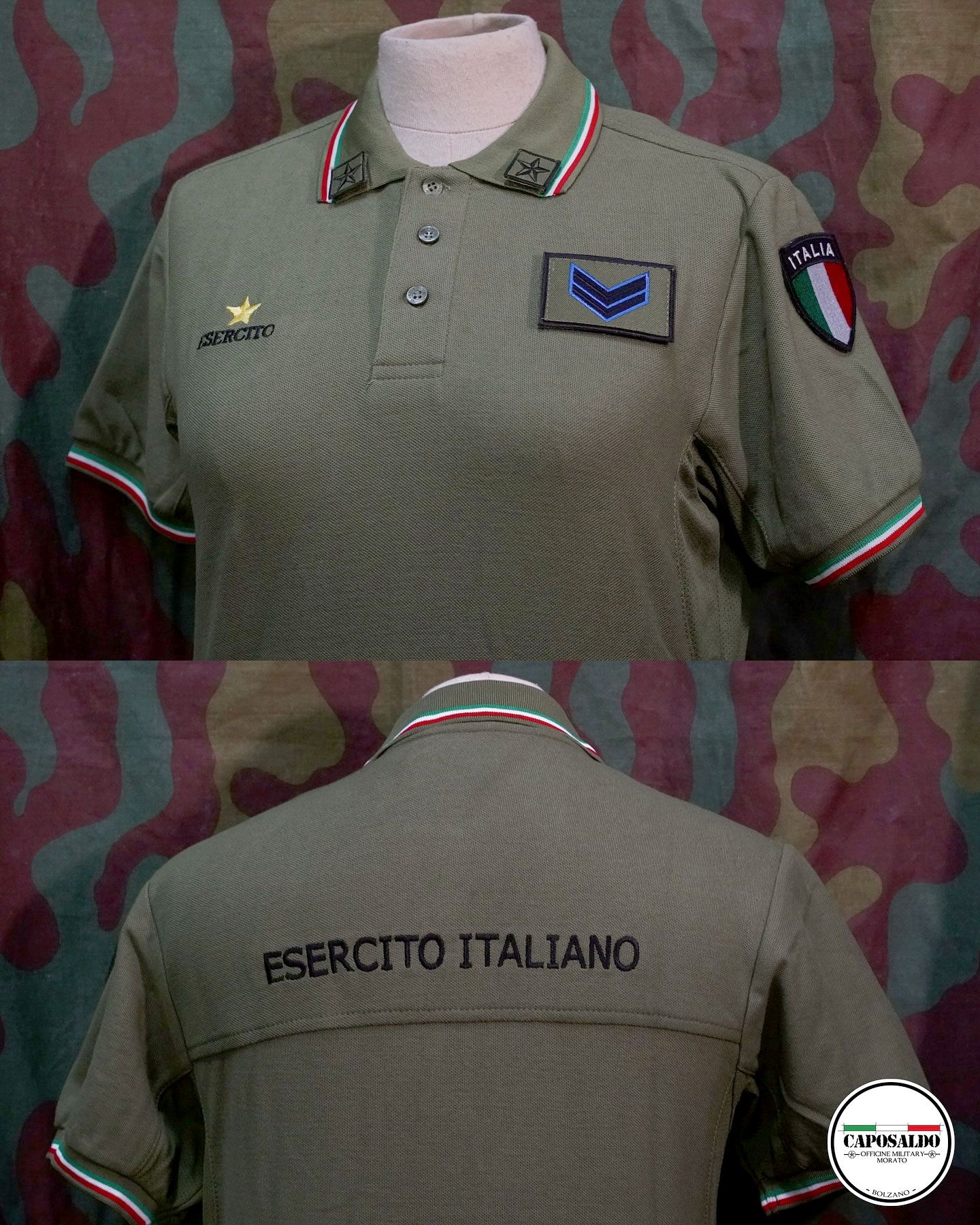 Polo grigio-verde dell'esercito italiano, mostrata fronte e retro con insegne e scritta 