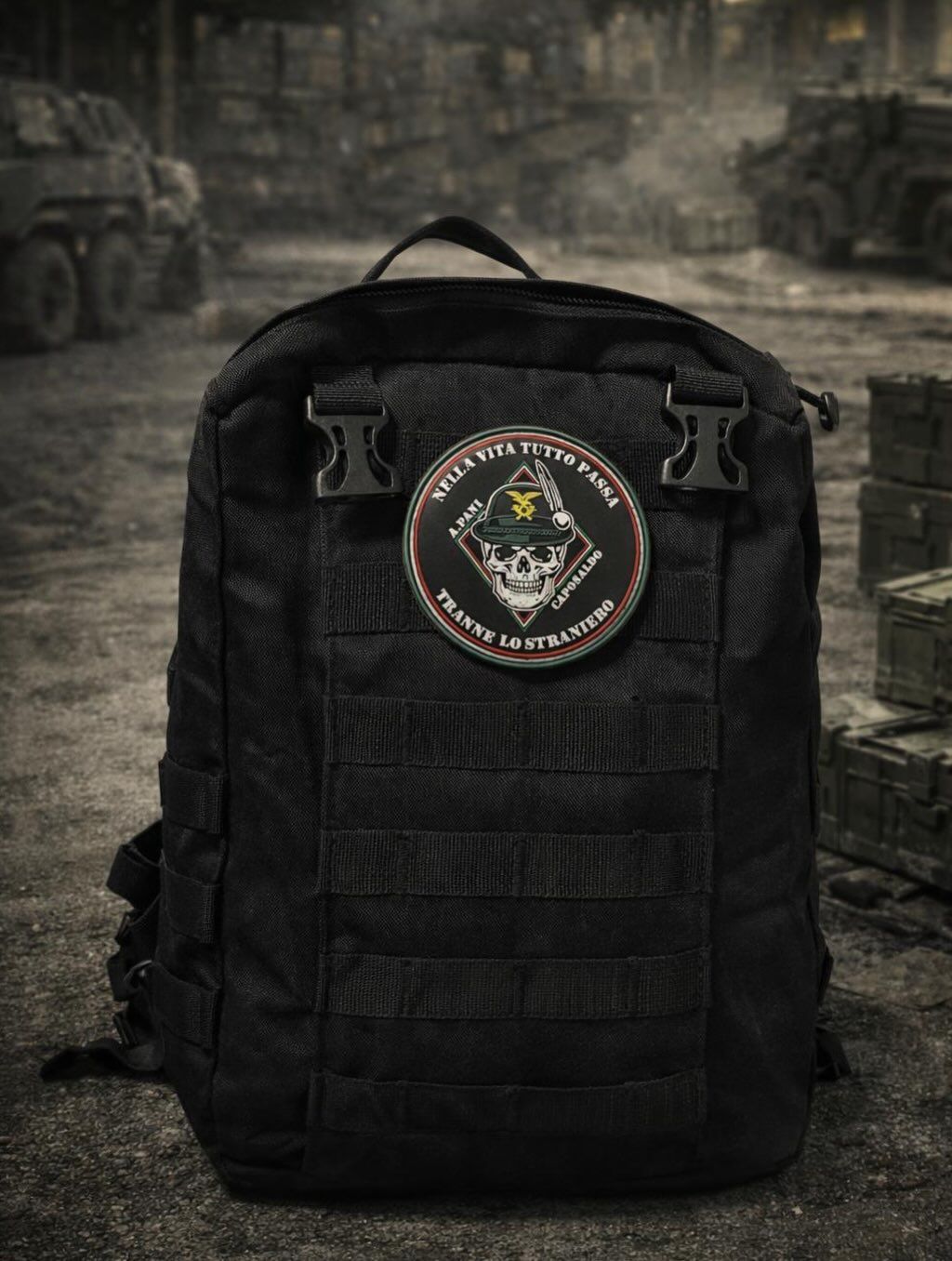 Zaino tattico nero con una toppa rotonda, raffigurato sullo sfondo di una strada cittadina scura.