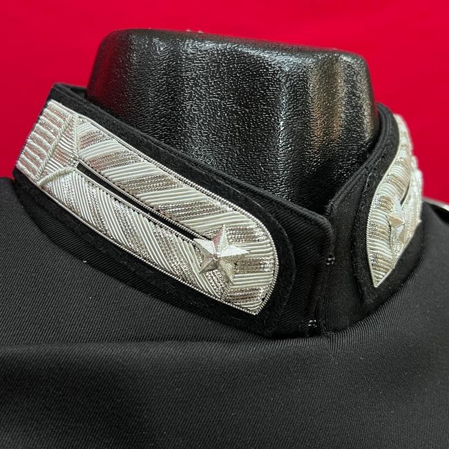 Manichino nero che indossa un top nero con pannelli del colletto argentati e testurizzati su sfondo rosso.