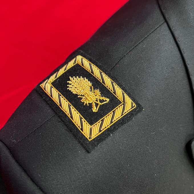 Toppa con emblema di un albero dorato su tessuto nero con sfondo rosso.