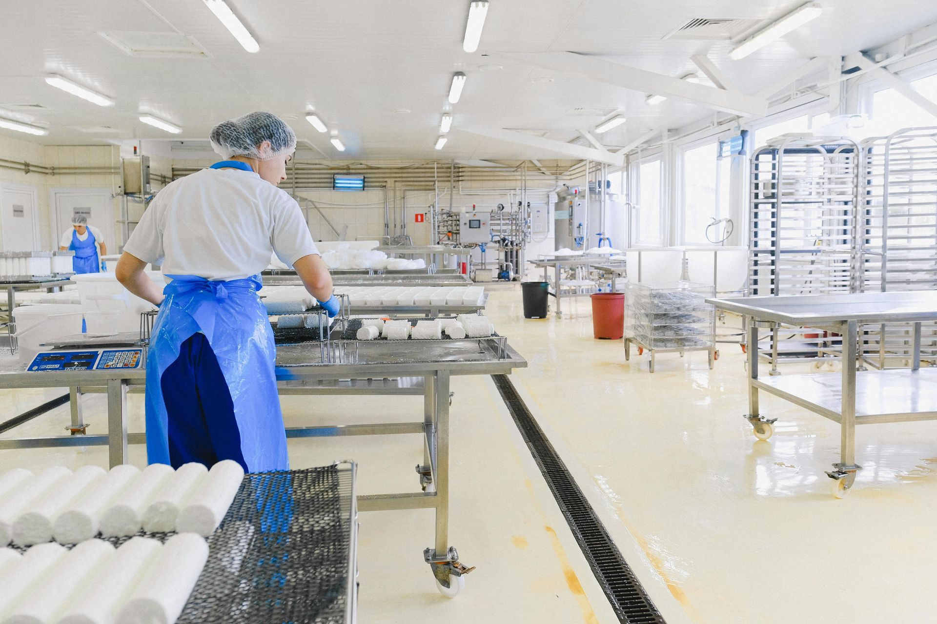 Woman in apron working in food processing facility.