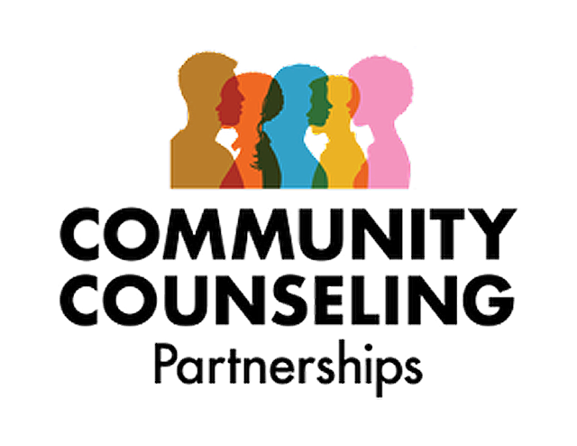 Logo of Community Counseling Partnerships: silhouettes of diverse people in colorful hues, text below.