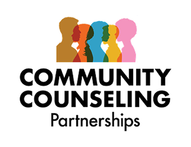 Logo of Community Counseling Partnerships: silhouettes of diverse people in colorful hues, text below.