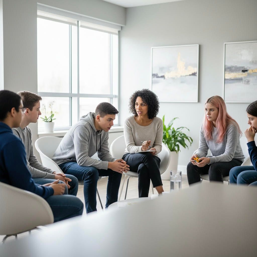 Group therapy session: Young people seated in a circle, conversing with a therapist in a bright room.