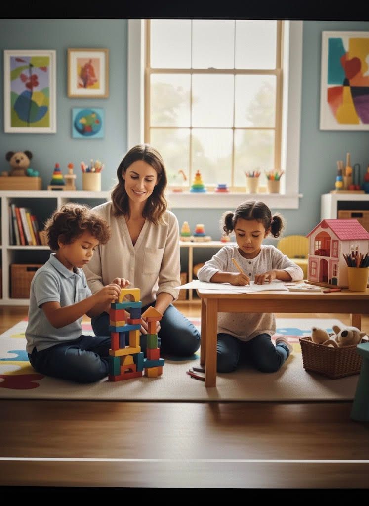 Woman and two children in a playroom for a therapy session, boy building blocks, girl drawing, with window and colorful toys.
