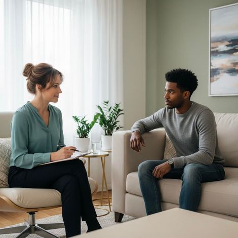 Therapist with clipboard talking to a patient seated on a couch; indoors.