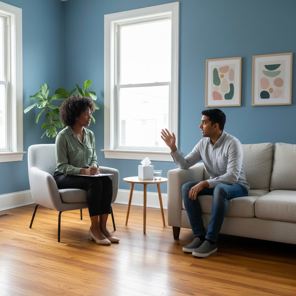 A therapist listens to a client in a light-filled room. The client gestures with hands.