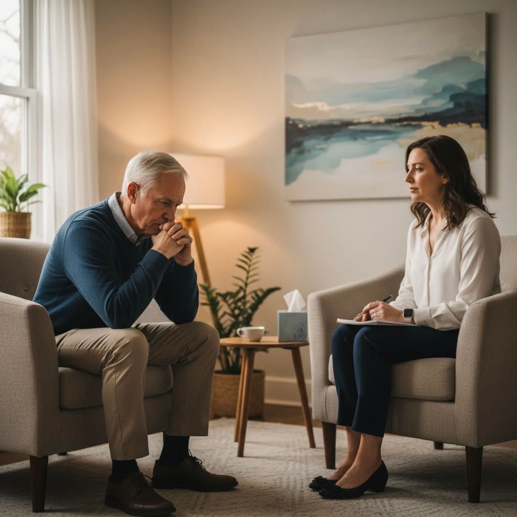 An older man in therapy, looking down, talking to a therapist in an office setting.