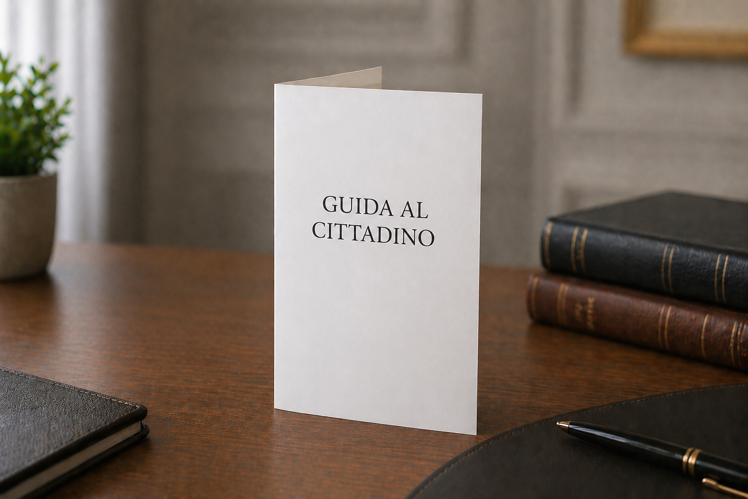 Un piccolo libretto bianco intitolato “Guida al Cittadino” è appoggiato su una scrivania di legno