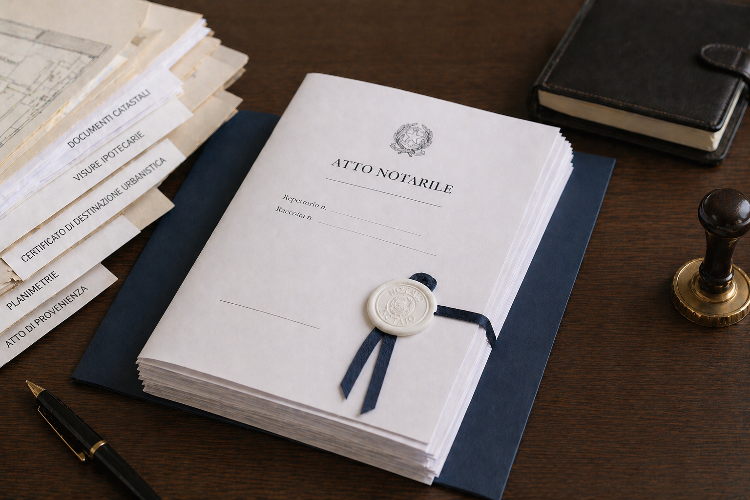 Certificato firmato su una cartella blu con nastro e sigillo, appoggiato su una scrivania