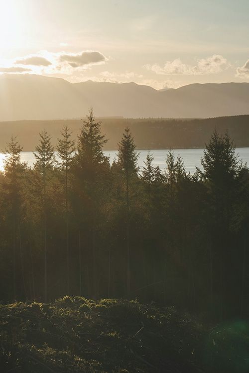 a sunset over a lake with trees in the foreground and mountains in the background .