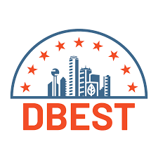 A logo for a company called dbest with a city skyline and stars.