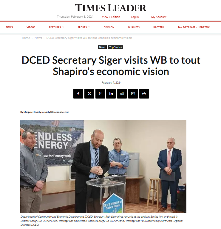 A screenshot of a times leader article about dced secretary siger visiting wb to tout shapiro 's economic vision.
