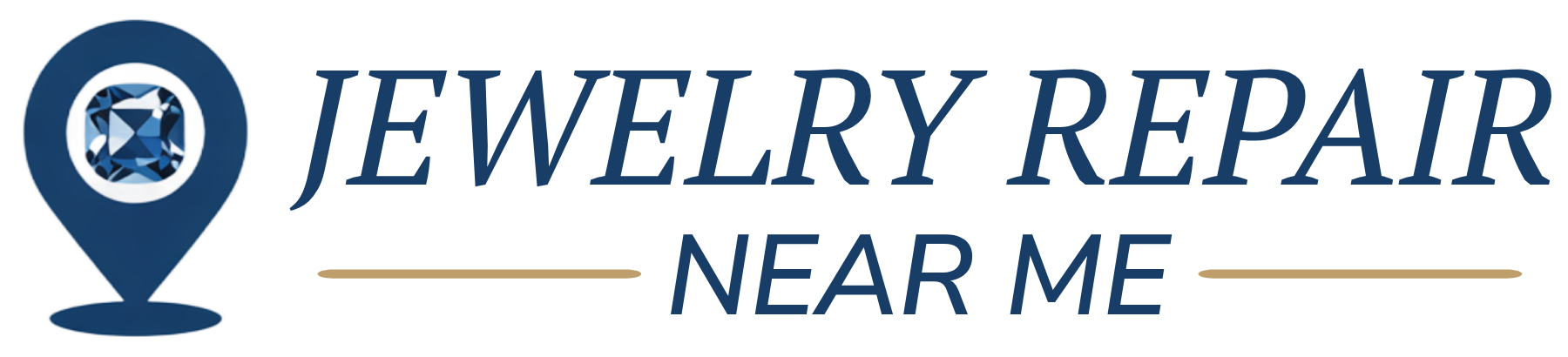 A logo for jewelry repair near me with a map pin and blue jewel inside the pin