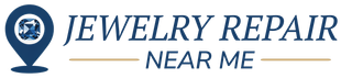 A logo for jewelry repair near me with a map pin and blue jewel inside the pin