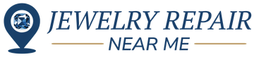 A logo for jewelry repair near me with a map pin and blue jewel inside the pin