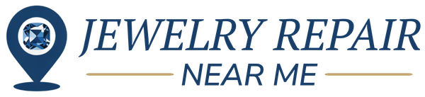 A logo for jewelry repair near me with a map pin.