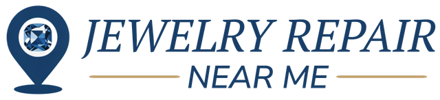 A logo for jewelry repair near me with a map pin and blue jewel inside the pin