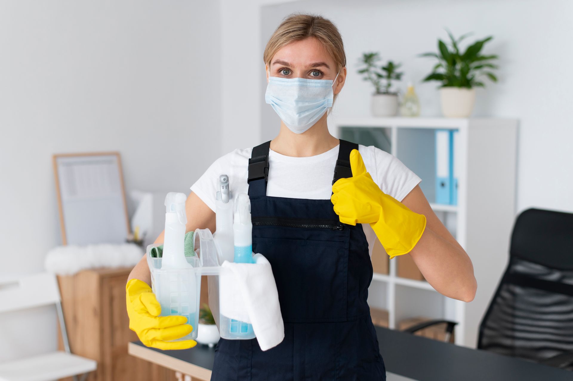 A woman wearing a mask and gloves is holding cleaning supplies and giving a thumbs up.