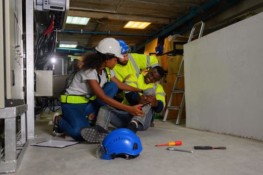 Workers in hard hats kneel in a tunnel, inspecting wiring beside a white wall panel.