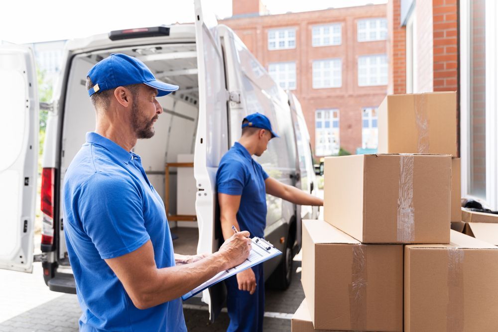 Two Delivery Workers in Blue Uniforms Load Boxes — Lite Moves Furniture Removals In Sydney, NSW