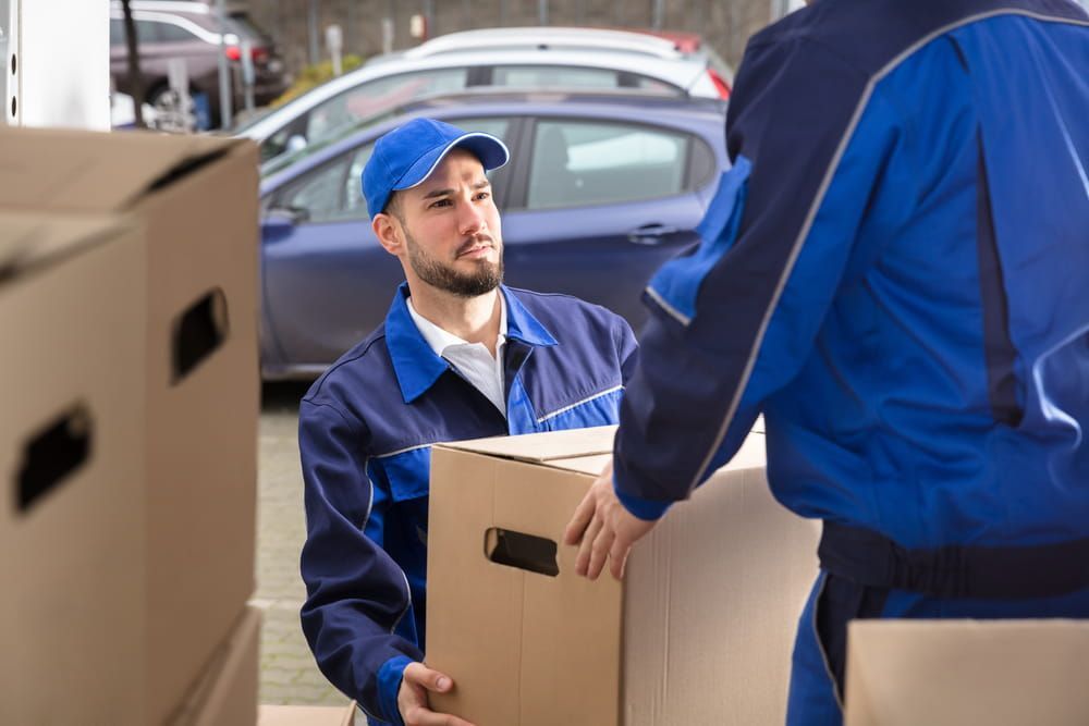 Delivery Man is Carrying a Cardboard Box to Another Man — Lite Moves Furniture Removals In Coffs Harbour, NSW