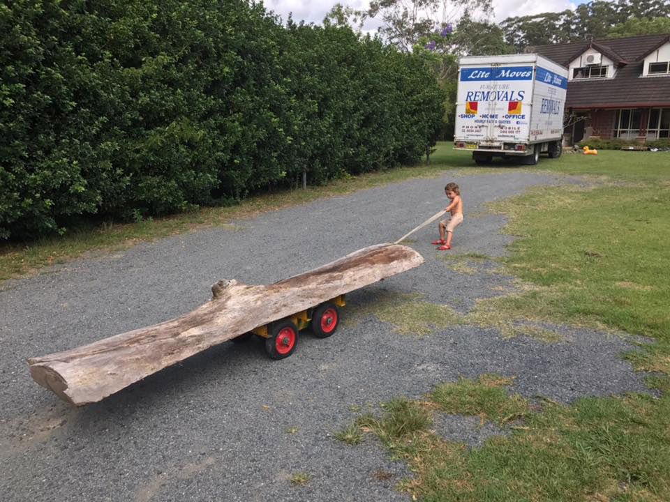 Little Boy Play And Towed The Log With Truck Removal Parked In Front Of The House — Lite Moves Furniture Removals In Bonville, NSW