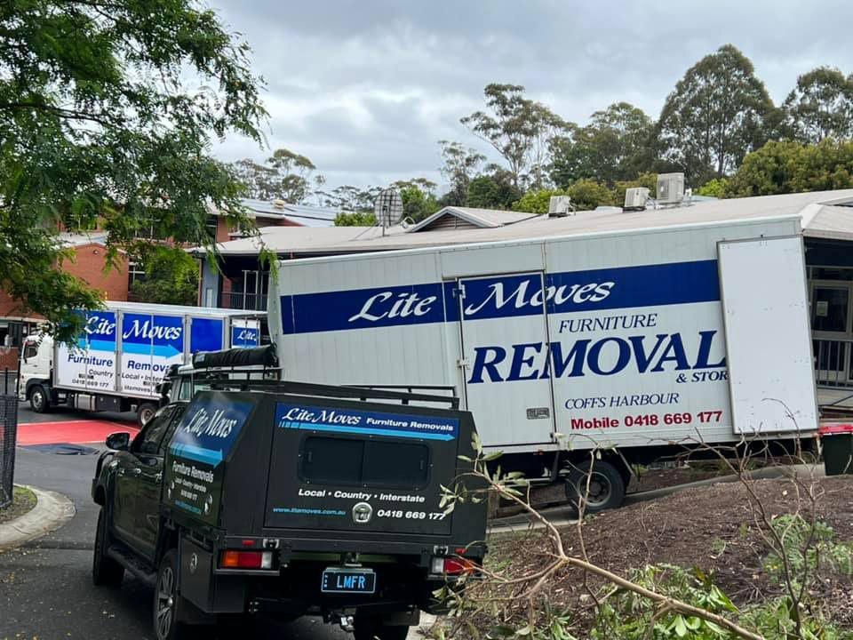 Two Movers Truck And Black Lite Moves Pick Up — Lite Moves Furniture Removals In Bonville, NSW