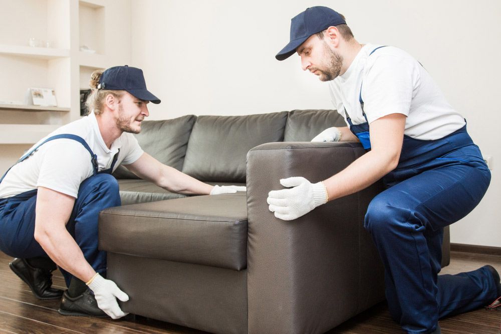 Two Men Are Moving a Couch in a Living Room — Lite Moves Furniture Removals In Coffs Harbour, NSW