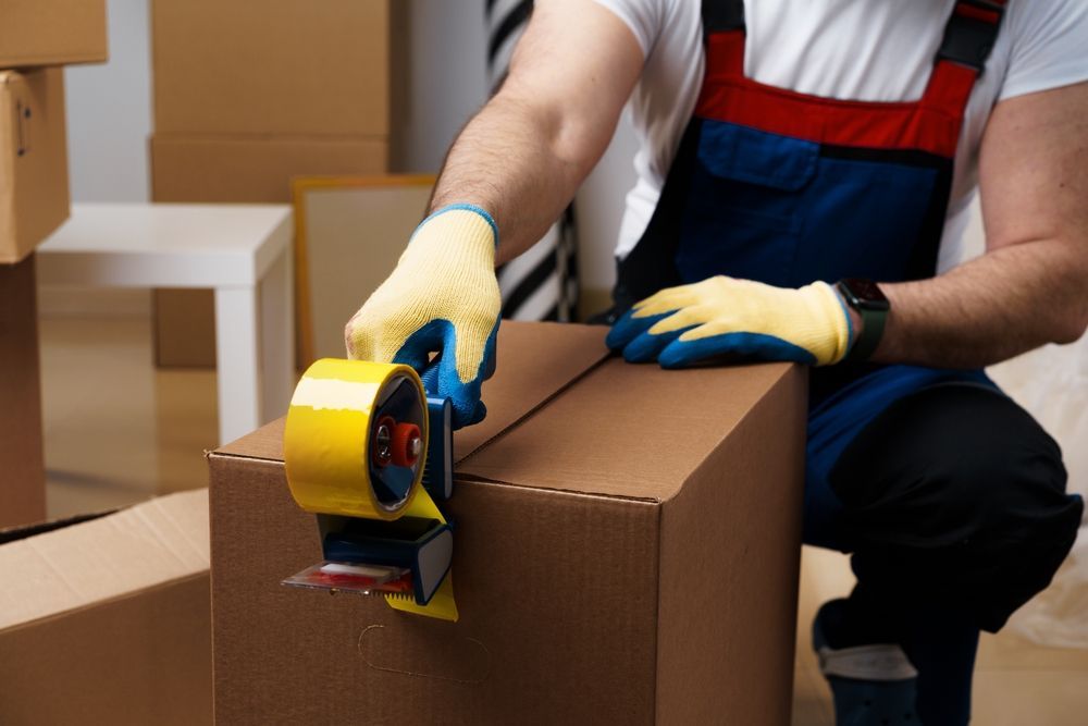 Man is Taping a Cardboard Box With Yellow Tape — Lite Moves Furniture Removals In Coffs Harbour, NSW
