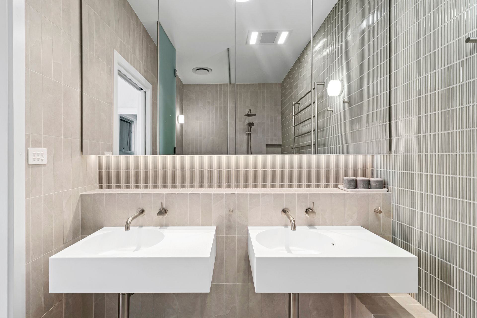 Modern bathroom with dual sinks and large mirror, neutral colors — PK4 Projects in Port Macquarie, NSW