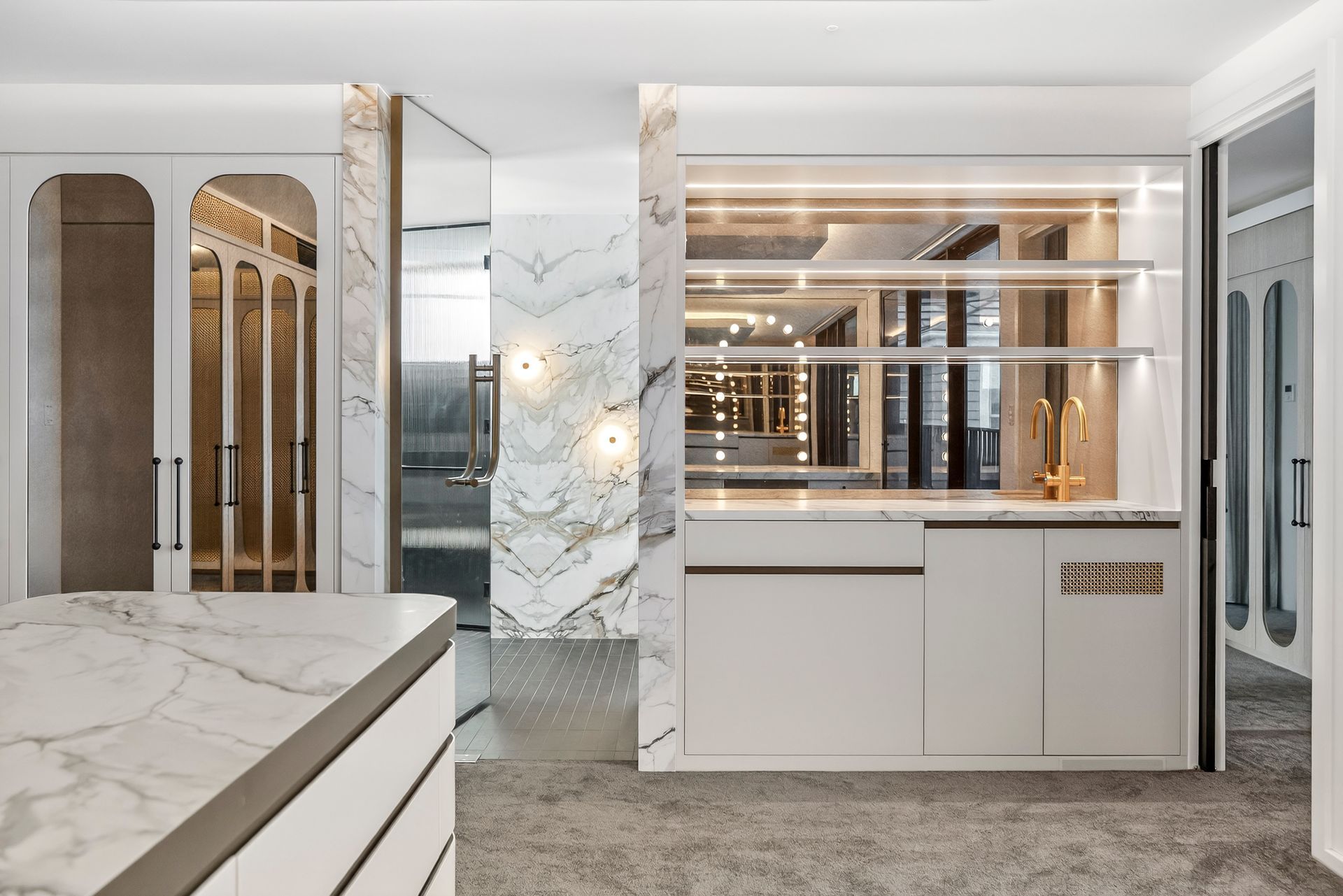 Luxurious white bar area with marble accents and mirrored shelving. — PK4 Projects in Port Macquarie, NSW