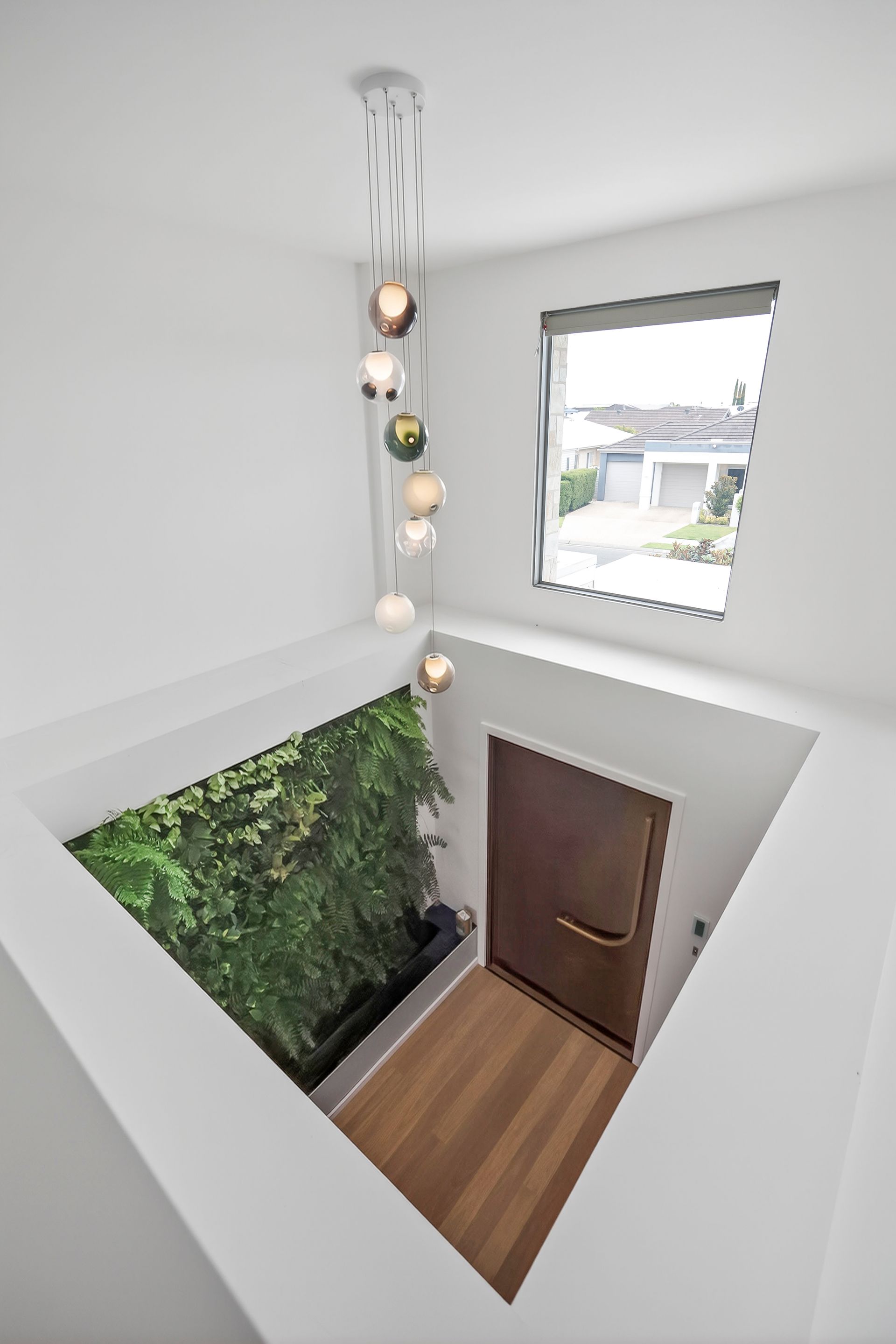 Modern entryway with a vertical garden, wooden door, and a multi-globe pendant light — PK4 Projects in Port Macquarie, NSW