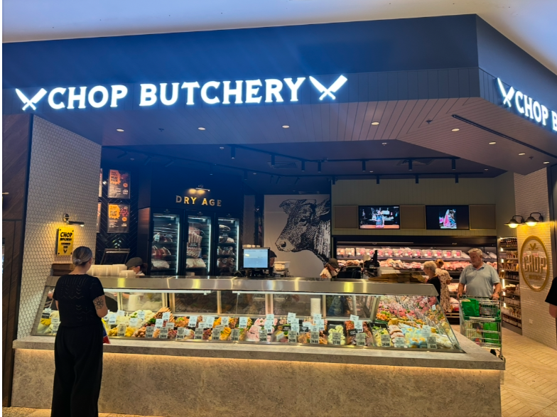 CHOP BUTCHERY store front with display of meat products. Customers shopping — PK4 Projects in Port Macquarie, NSW