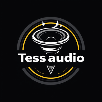 Een logo voor tess audio met een spreker in een cirkel op een zwarte achtergrond.