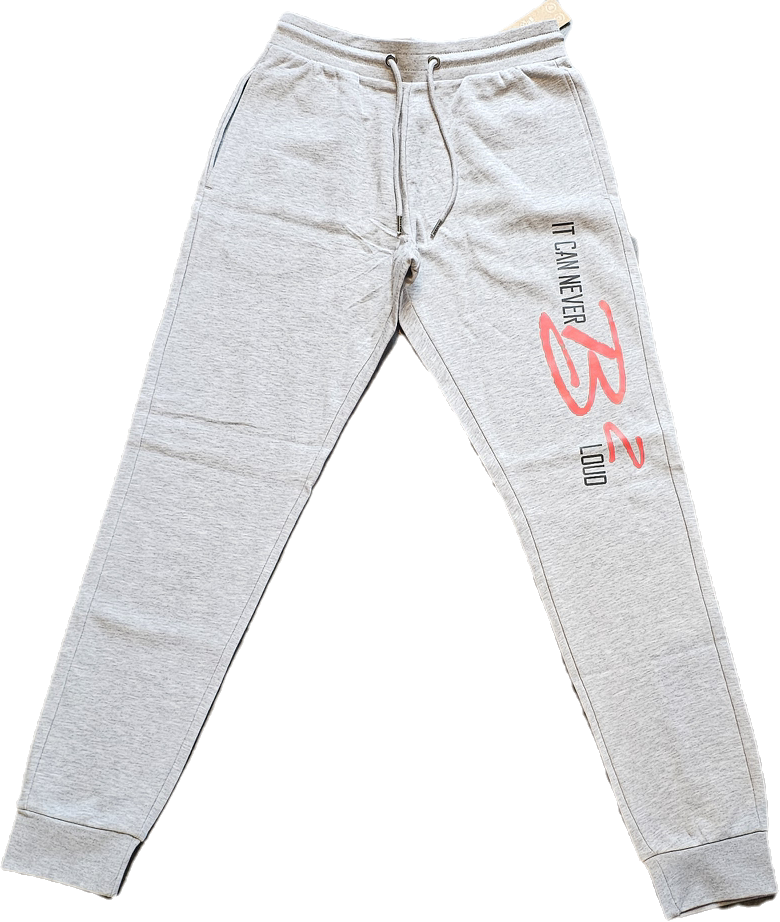 Een grijze joggingbroek met aan de zijkant de tekst "i do n't know"