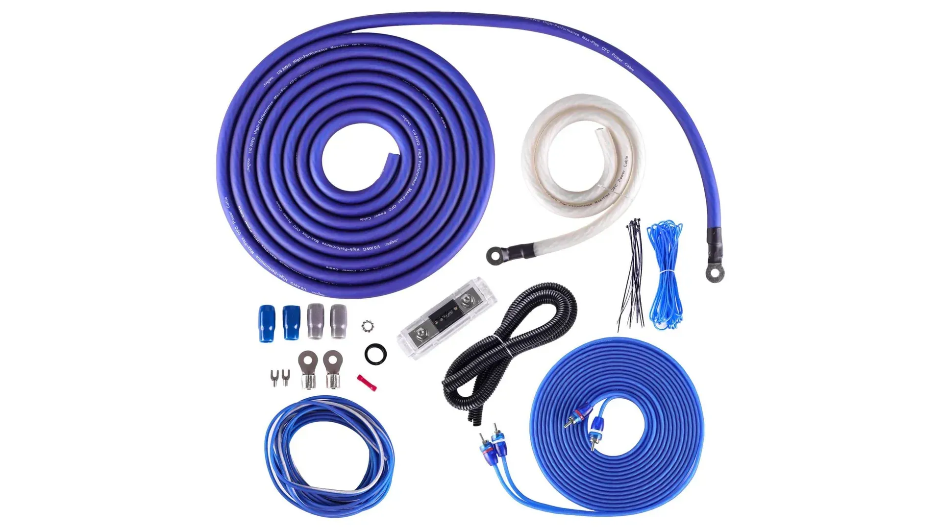 Een aantal kabels en draden liggen bovenop elkaar op een witte achtergrond.