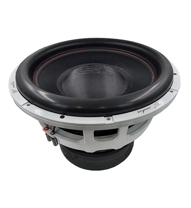 Een close-up van een subwoofer op een witte achtergrond.