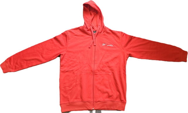 Een rode hoodie met het woord audio op de achterkant