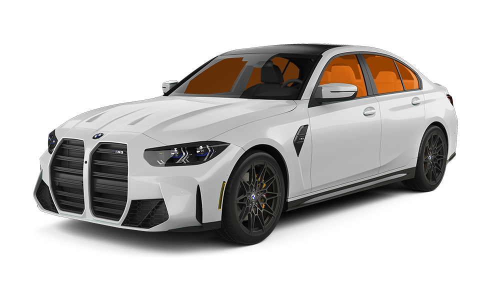 White BMW M3 sedan with black accents, tinted windows, and black wheels. The car is angled towards the viewer.