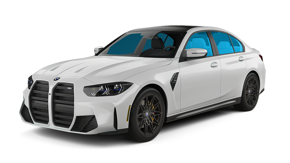 White BMW M3 sedan with black accents and tinted windows, set against a white background.