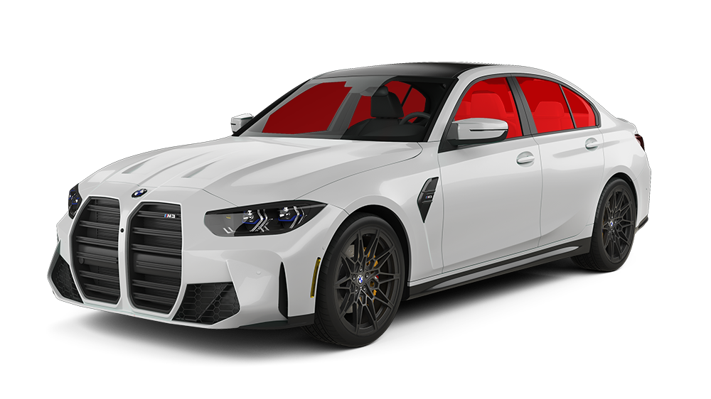 White BMW M3 sedan with red-tinted windows and black accents, angled slightly toward the viewer.